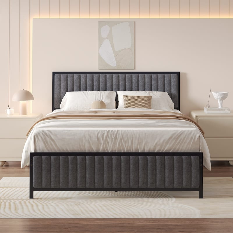 VECELO Upholstered Bed Frame with Tufted Headboard & Footboard Heavy Duty Steel Slats Platform No Box Spring Needed - Grey - Full