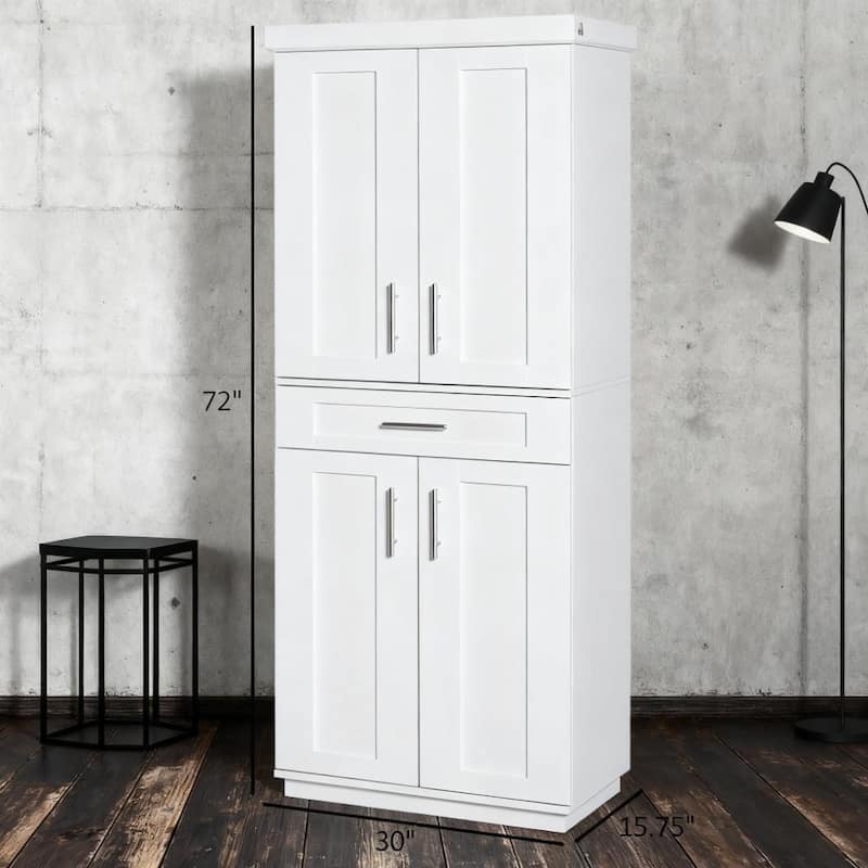 Kitchen Hutch Storage Cabinet, Modern White Pantry with 4 Doors and Drawers, Freestanding Cupboard Sideboard Buffet Cabinet