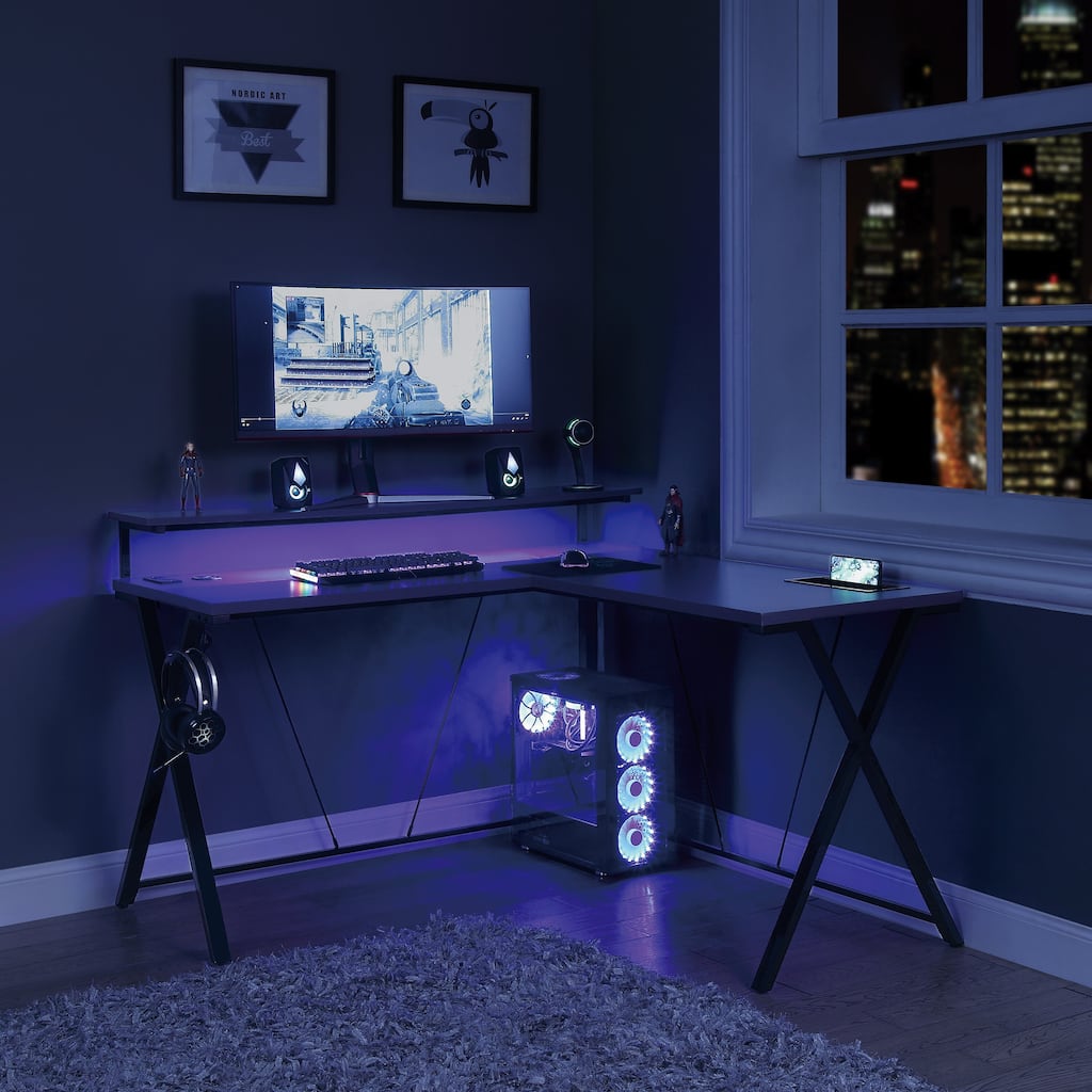 Checkpoint Battlestation L shaped Gaming Desk with RGB LED Lights