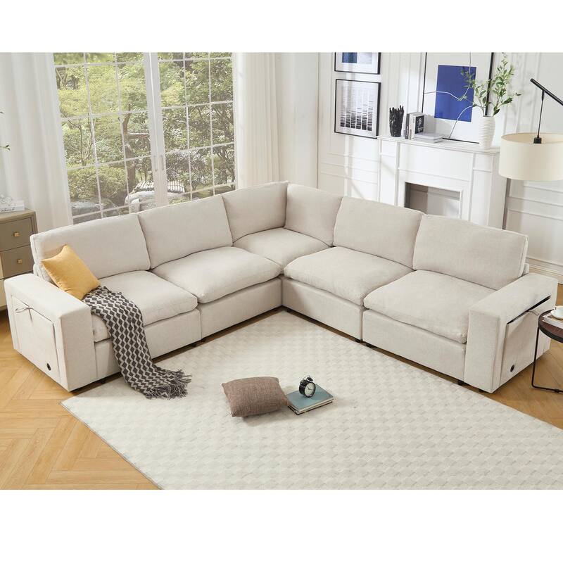 5-seat Modular Sectional Couch with Wireless Charging, Cup Holders & Book Storage, Beige Soft Linen Fabric