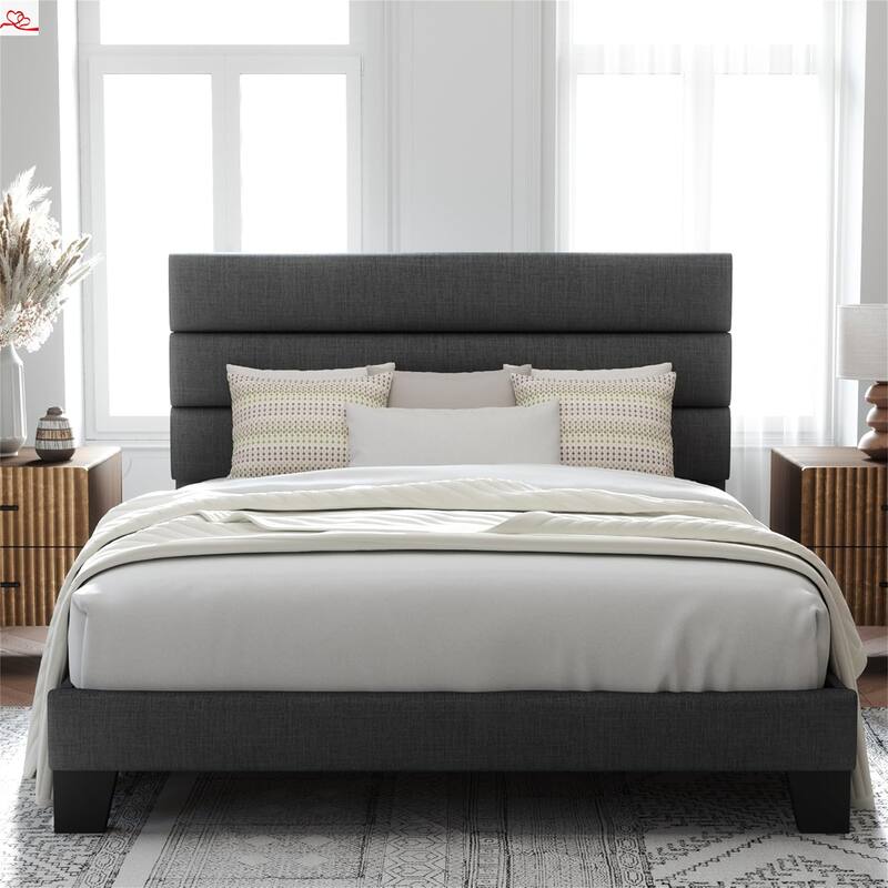 Queen Size Platform Bed Frame with Fabric Upholstered Headboard and Wooden Slats Support - Dark Grey