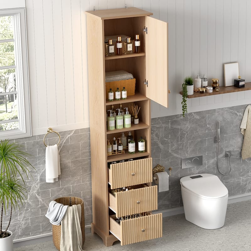 Vertical Stripe Accents Cabinet Freestanding Tall Cabinet for Bathroom with 1 Door, 3 Drawers, Open Storag and Adjustable Shelf