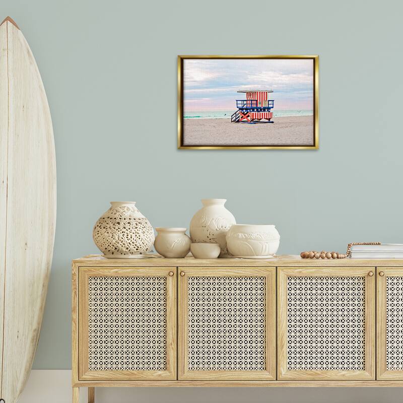 Stupell Patriotic Lifeguard Hut Framed Floater Canvas Wall Art Design By Seven Trees Design