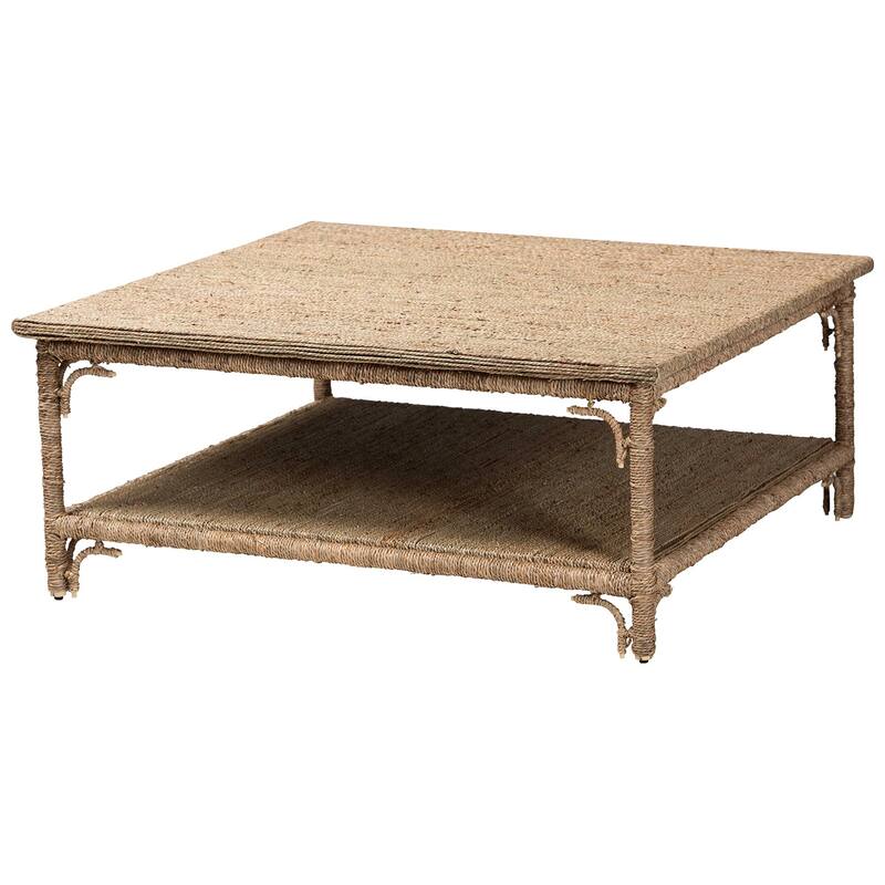 Ganit Handwoven Seagrass Coffee Table - Square Table with Lower Shelf, Coastal Boho Accent Furniture for Living Room or Lounge - Natural Brown
