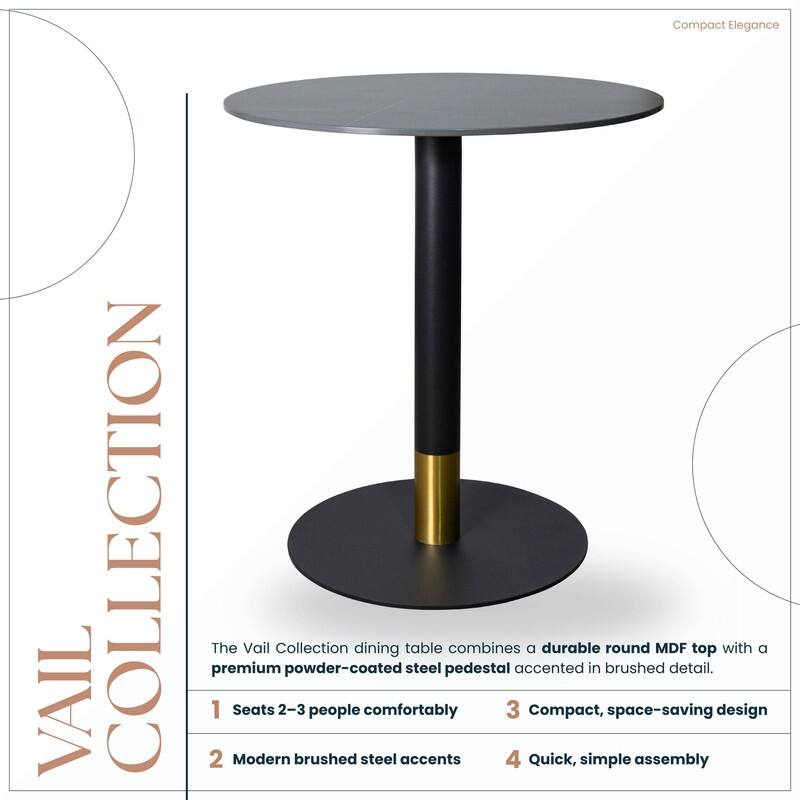 Vail Round Dining Table 27 in. Sintered Stone Tabletop in Black Stainless Steel Round Pedestal Base with Gold Accents