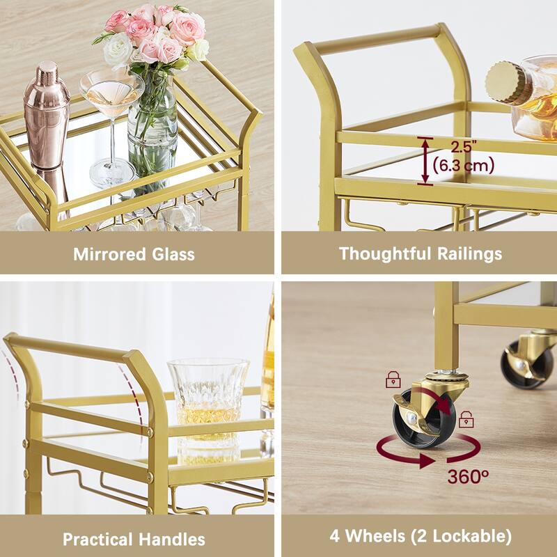 Mini Home Bar Cart with 3-Tier Shelf Wine Holders, and Glass Holders