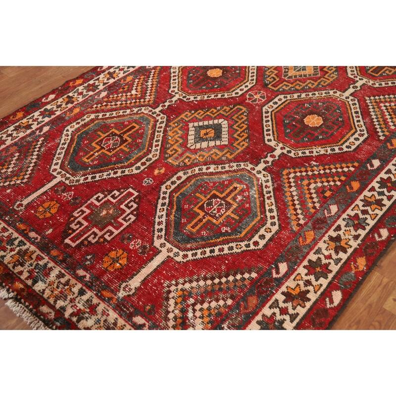 Red Geometric Distressed Bakhtiari Persian Vintage Wool Carpet - 5'0"x 10'1"