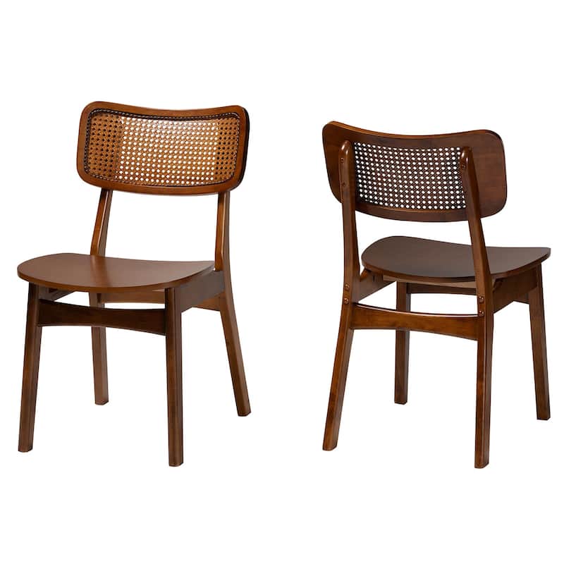 Tafari Mid-Century Modern Wood and Rattan 2-Piece Dining Chair Set - Walnut Brown, Light Brown