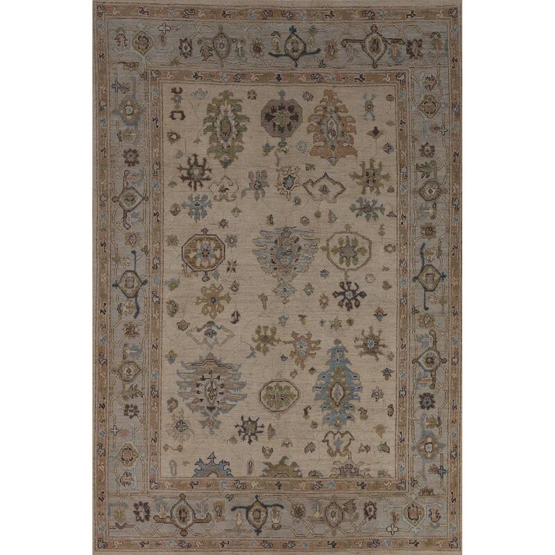 Vegetable Dye Oushak Turkish Area Rug Handmade Beige Wool Carpet - 6'3"x 8'11"