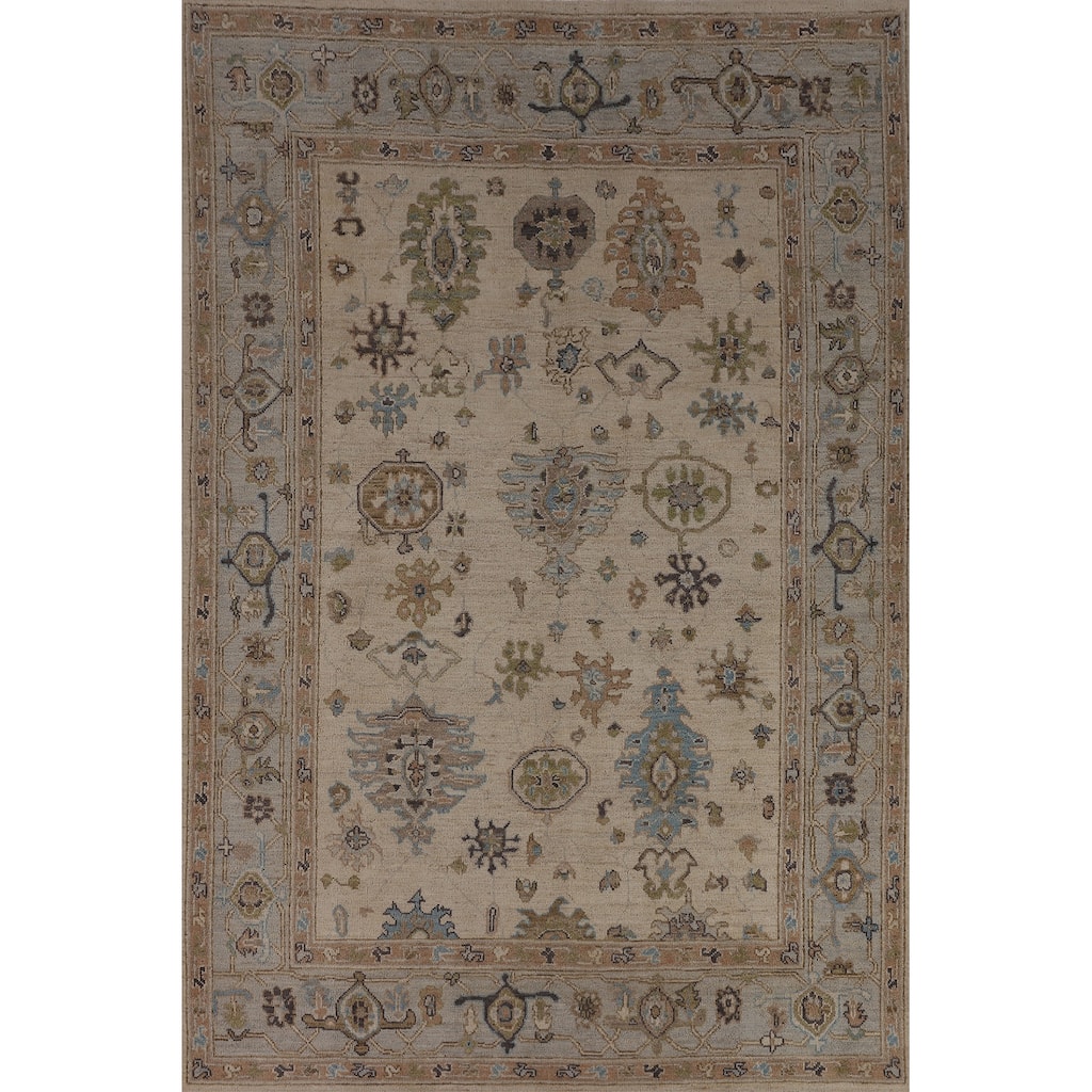 Vegetable Dye Oushak Turkish Area Rug Handmade Beige Wool Carpet - 6'3"x 8'11"