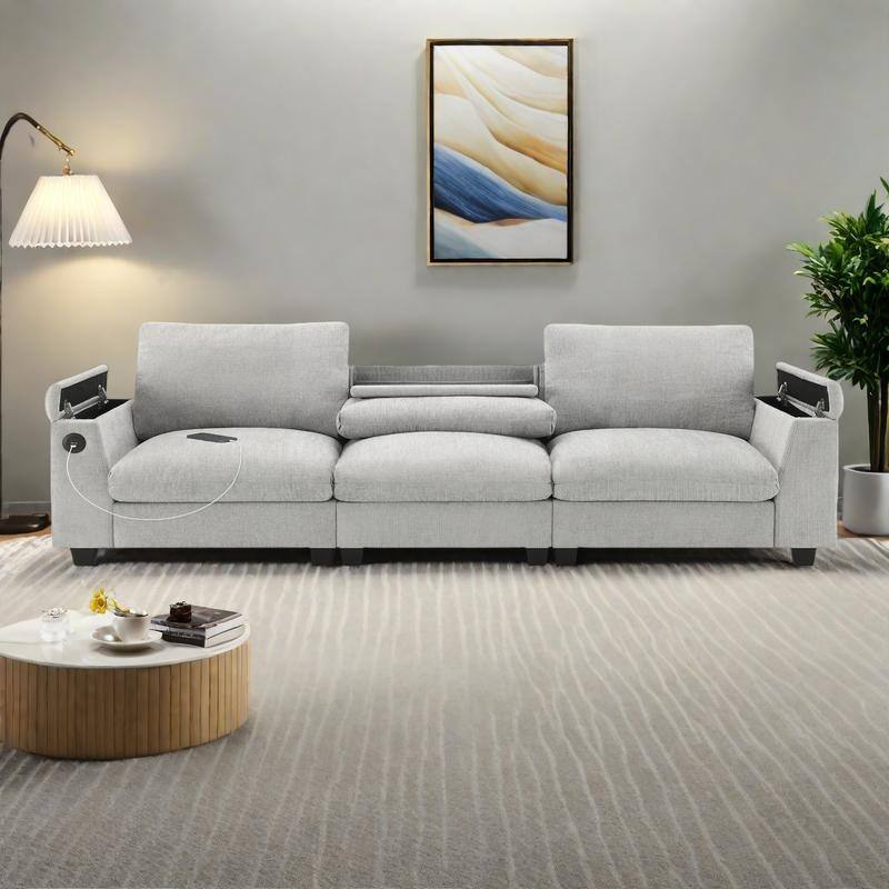 96" Chenille Smart Sectional Sofa with Bluetooth Speaker, Drop-Down Table & USB Charger and 3-Seater Cloud Couch - Gray