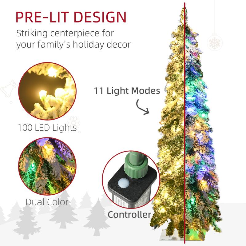 HOMCOM 4ft Tall Prelit Pencil Artificial Christmas Tree Holiday Décor with 225 Snow Flocked Branches, Downswept Shape - 3.93 ft