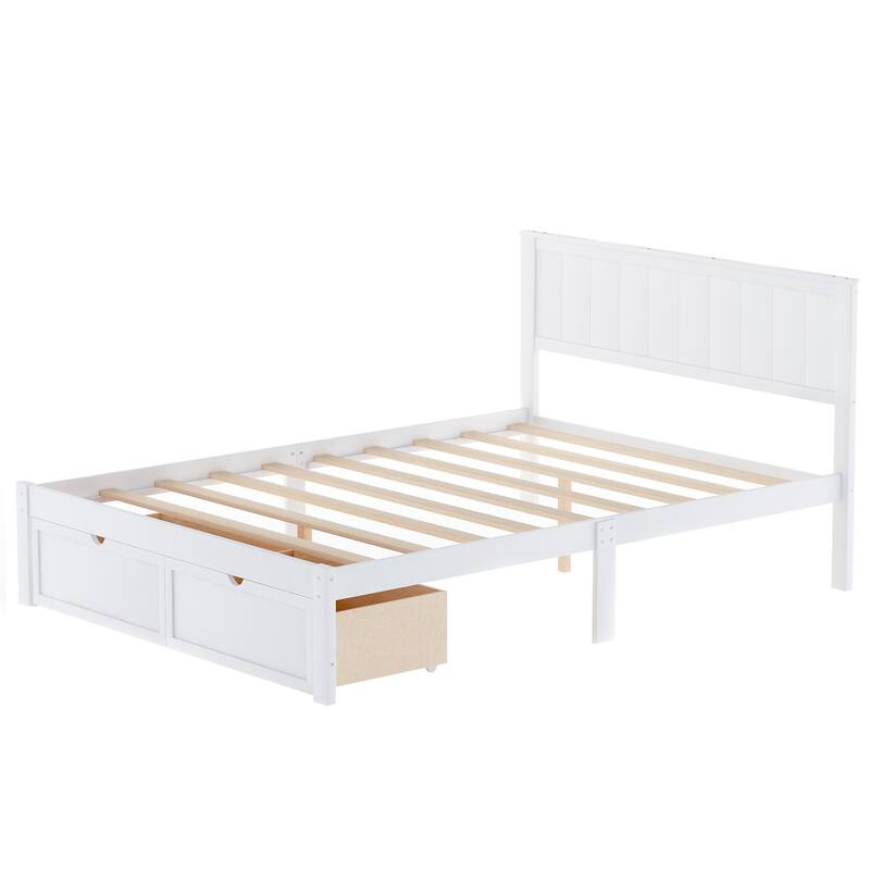 White Full Size Platform Bed with Under-bed Storage Drawers and Solid Pine Frame