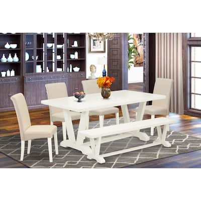 Modern 6-Piece Dining Set - Linen Fabric Chairs & Bench with Rectangular Table