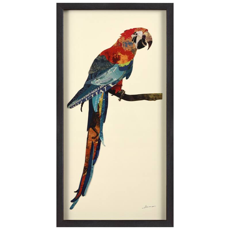 "Tropical Parrot" Alex Zeng's dimensional collage, under glass & a black shadow box frame