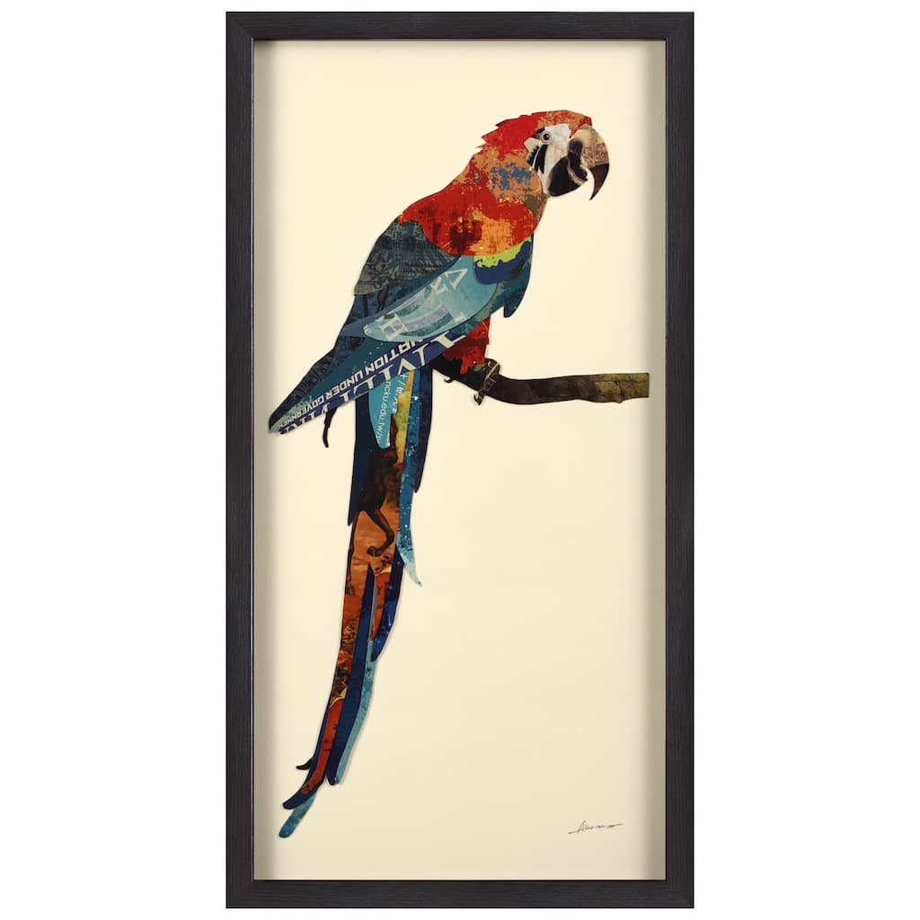 "Tropical Parrot" Alex Zeng's dimensional collage, under glass & a black shadow box frame