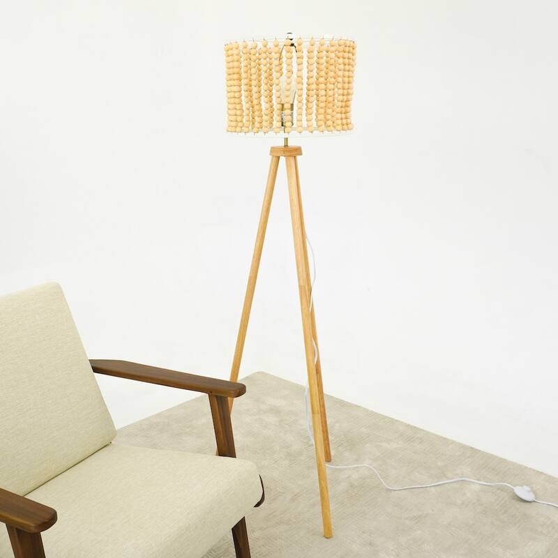 Sofi Natural Wood Tripod Floor Lamp with Beaded Shade