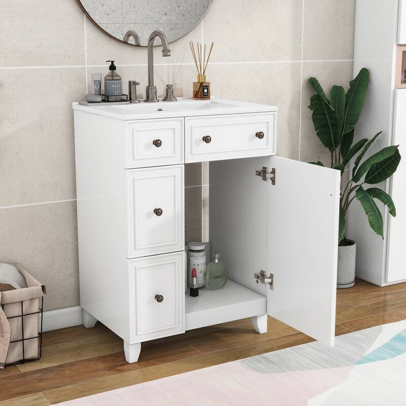 24" Bathroom Vanity Cabinet with Ceramic Sink, 2 Drawers & Door, White