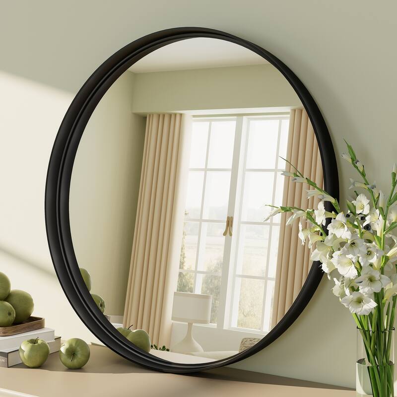 Round Tempered Glass and Metal Framed French Cleat Mounted Wall Bathroom / Vanity Mirror - 20" x 20" - Black