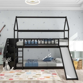 Twin Bunk Bed with 3 Drawers, Slide, Staircase, and Safety Guardrails