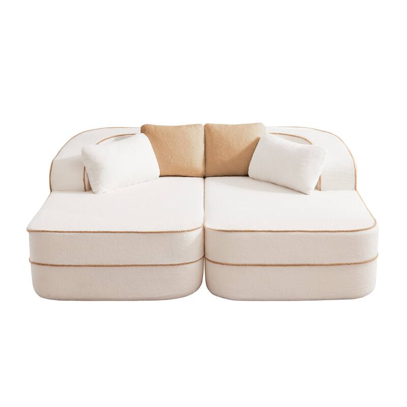 77.2" Double Chaise Lounge Chair, Upholstered Sofa Bed, Teddy Fabric Sleeper Couch with Pillows, Modern Loveseat for Living Room