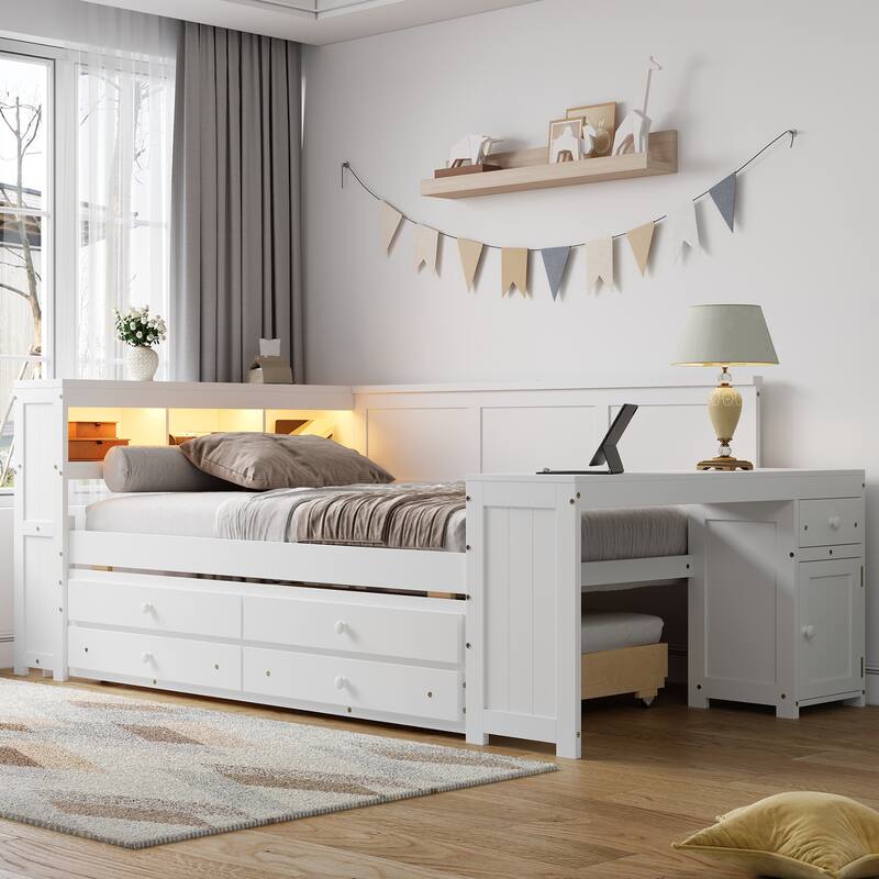 Full Size Daybed with Storage Shelves, Drawers, Trundle, Charging Station, LED Light, Desk and Cabinet