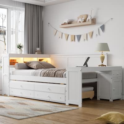 Full Size Daybed with Trundle, Drawers, LED Shelves and Charging Station by Harper&Bright Designs