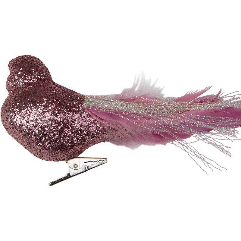 7" Glittered Bird with Feather Tail Christmas Ornament with Clip
