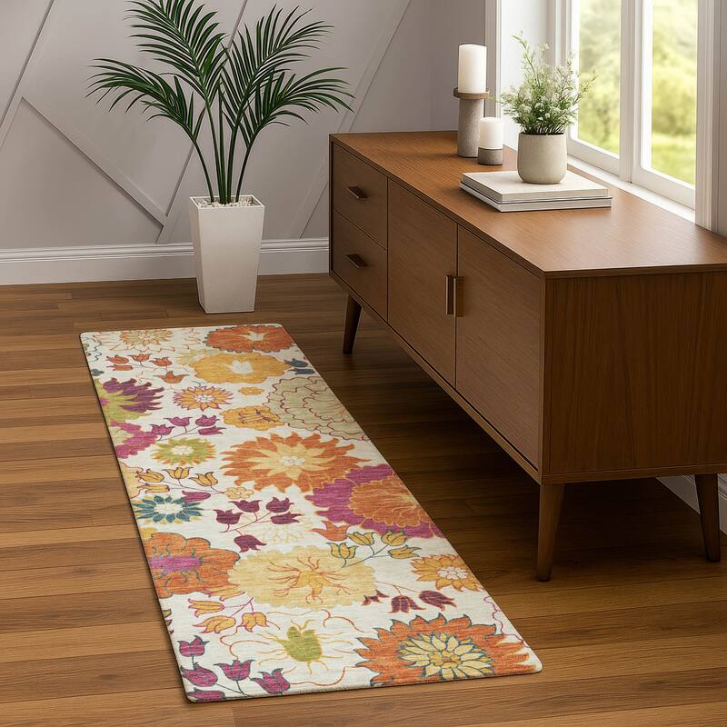 Machine Washable Indoor/ Outdoor Modern Floral Chantille Rug
