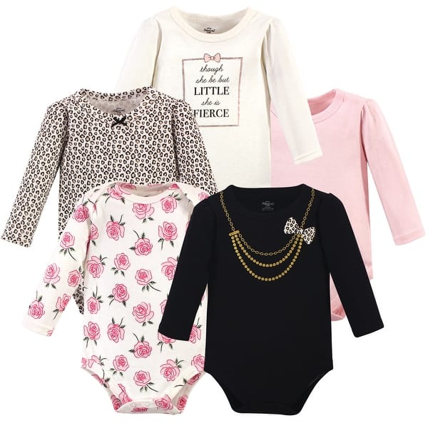 slide 1 of 1, Little Treasure Baby Girl Cotton Long-Sleeve Bodysuits 5pk, Leopard Necklace 0-3 Months - Leopard Necklace 5-Pack