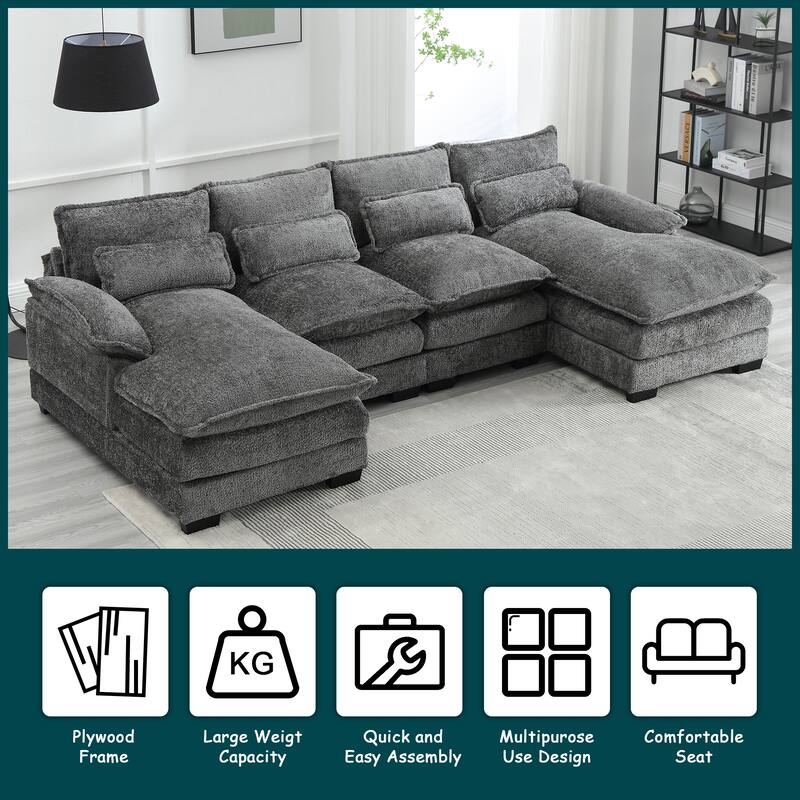 Modern Large chenille Fabric U-Shape Sectional Sofa with Ottomans, Reversible Sofa Couch for Living Room