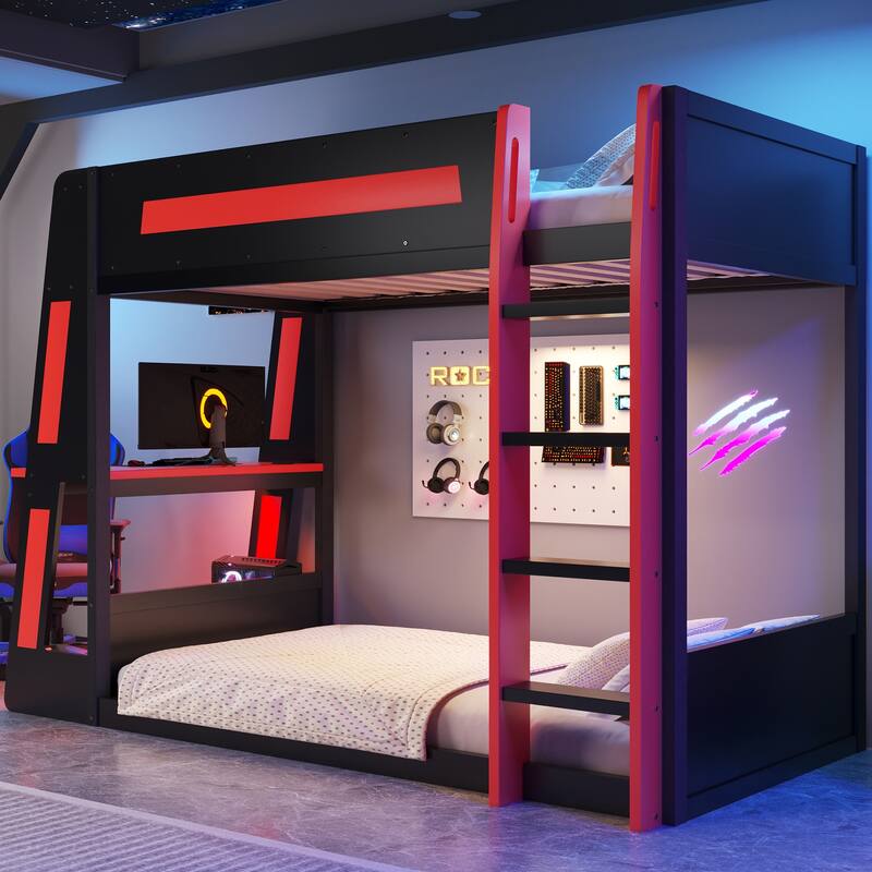 Gaming Bunk Bed with Computer Desk, Storage Shelves, USB Port and LED Strip Lighting, Esports Design, Wooden Gaming Bed