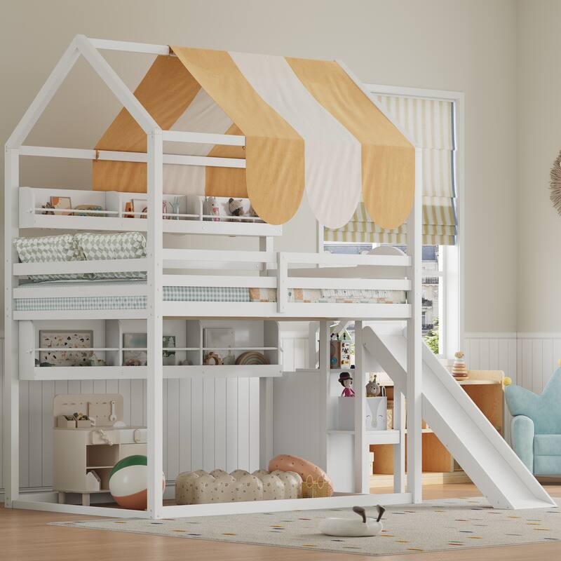 Fairytale Full Size House-shaped Loft Bed with Striped Fabric Canopy, Fun Slide Design and Built-in Bookshelves