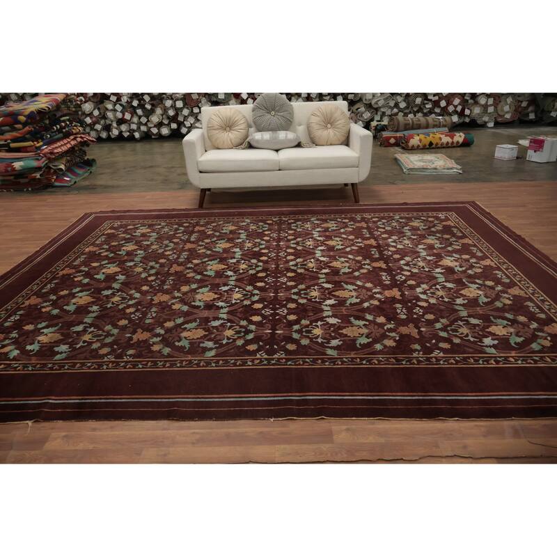 Hand Knotted Oriental 100% Wool Carpet Traditional Floral Brown Art Deco Area Rug - 11' 7'' X 9' 3''