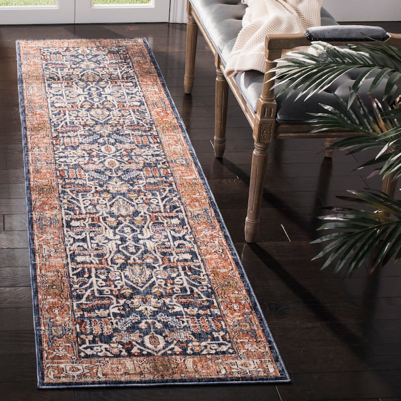 SAFAVIEH Heirloom Tammie Traditional Oriental Polyester Rug - 2' x 8' Runner - Navy/Beige
