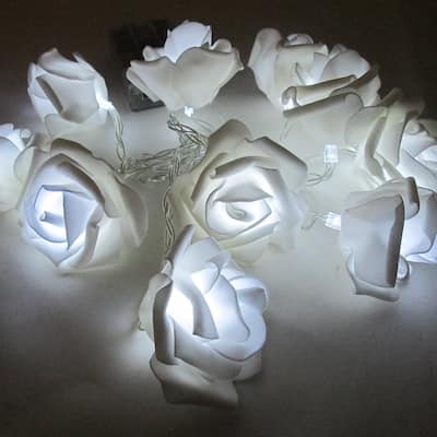White Foam Rose Flower LED String Light Fairy Lights Battery Operated 72in - 72" L x 2.5" W x 2.5" DP