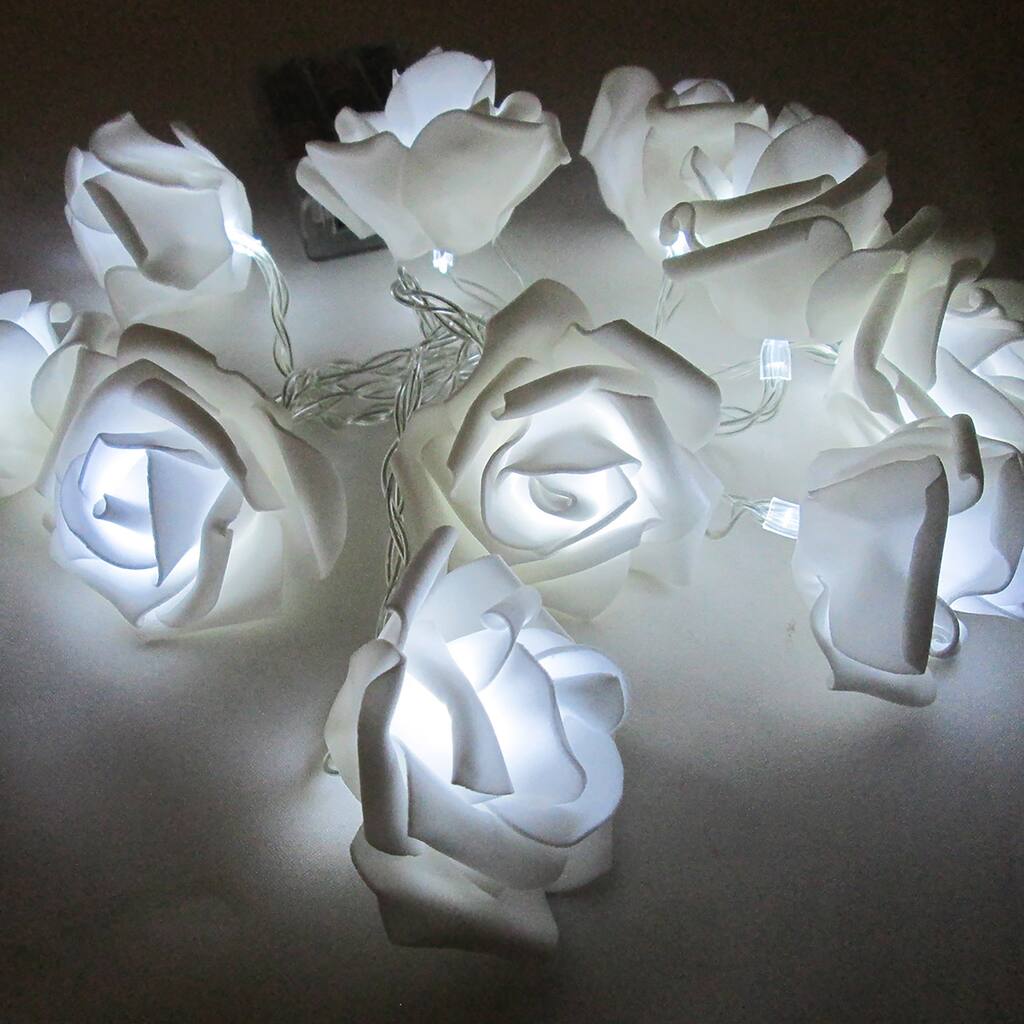 White Foam Rose Flower LED String Light Fairy Lights Battery Operated 72in - 72" L x 2.5" W x 2.5" DP