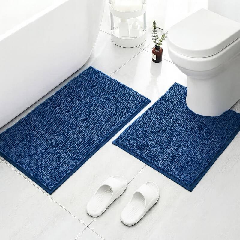 2 Piece Set Blue Soft Cozy Plush Chenille Bath Mat Bathroom Rug