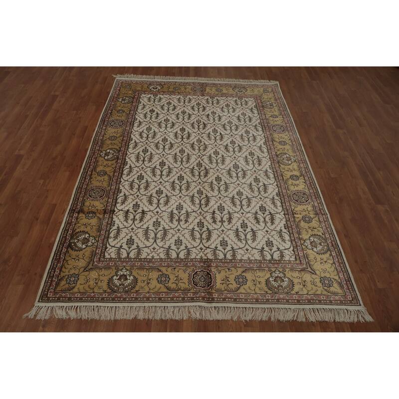 Hand Knotted Oriental Silk Carpet Traditional Floral Beige & Ivories Kashmir Area Rug - 8' 11'' X 6' 1''