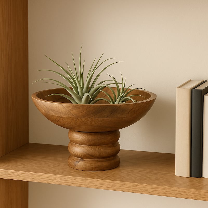 Decorative Round Wooden Bowl with Ribbed Pedestal Base - 12", Brown - 11.75"