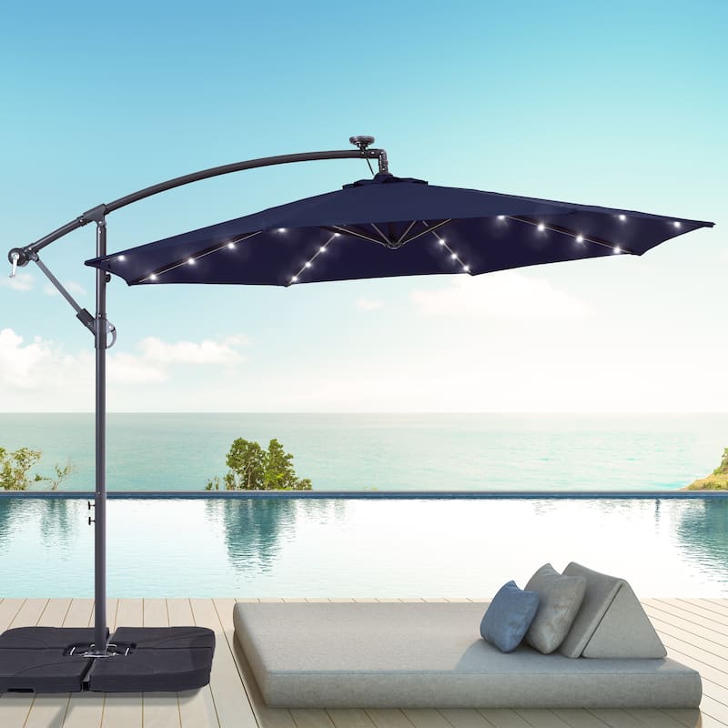 BONOSUKI 10ft Patio offset Umbrella Hanging Umbrella With LED Lights - Navy Blue