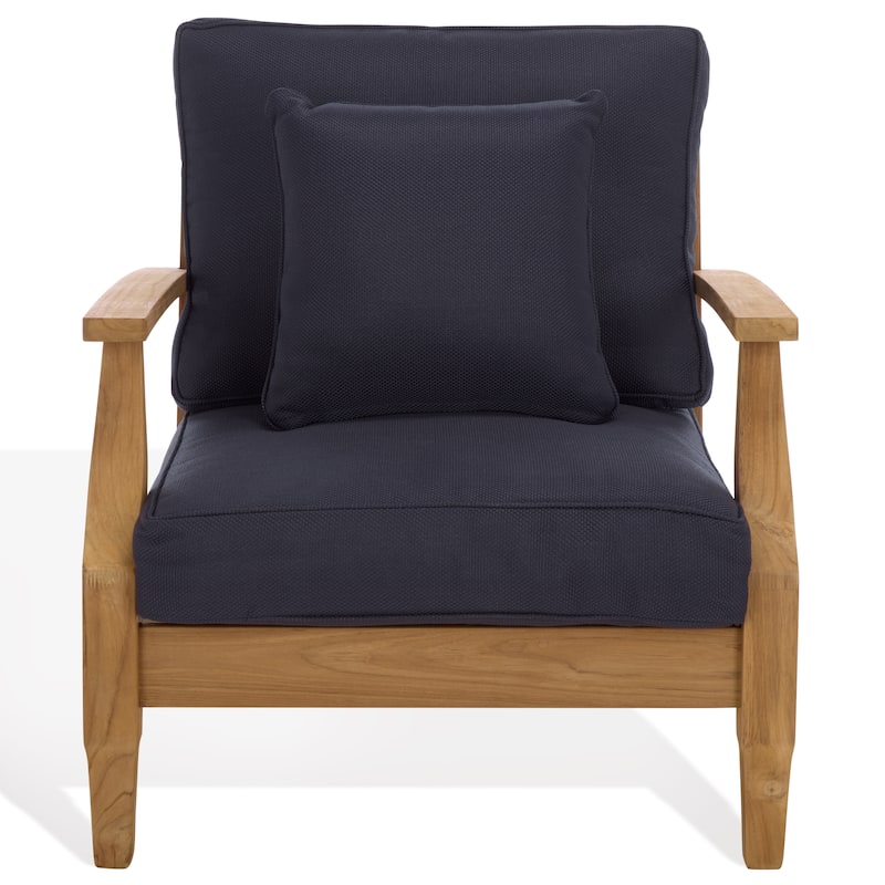 SAFAVIEH Couture Outdoor Patio Furniture Martinique Wood Arm Chair - 31"W x 36"D x 33"H - Natural Teak/Navy