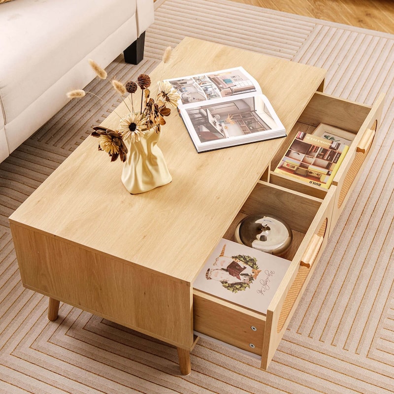Costway Rattan Coffee Table Mid Century Modern Center Table with 2 - 39.5" x 19.5" x 16" (L x W x H)