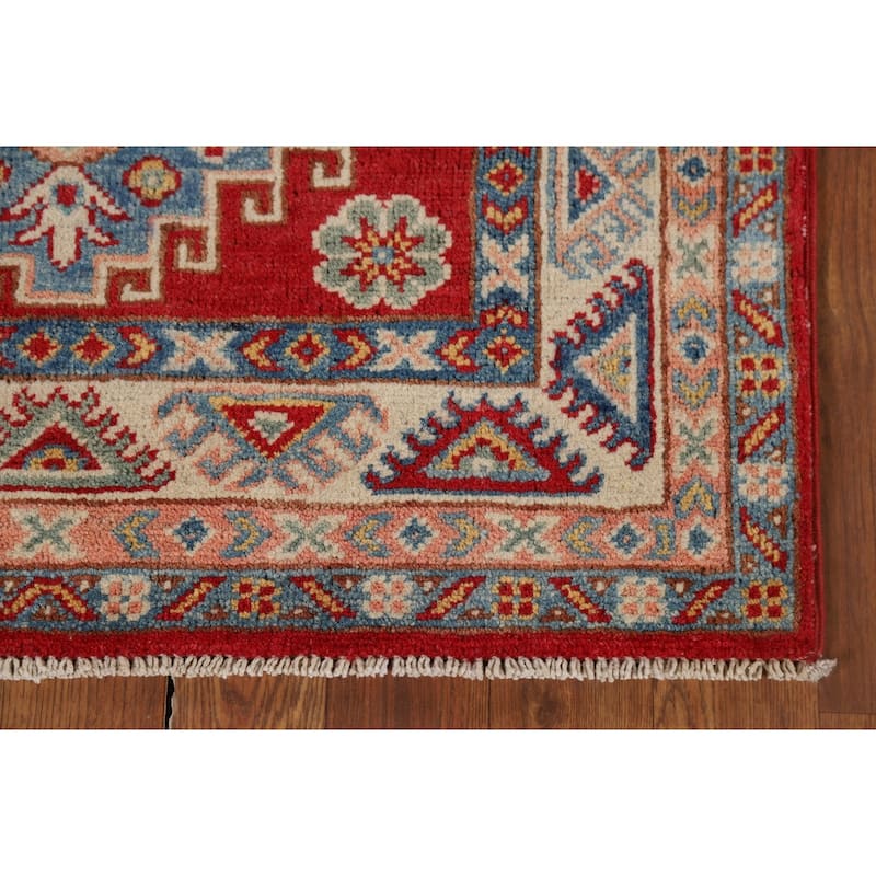 Kazak Oriental Runner Rug Hand-Knotted Red Geometric Wool Carpet - 2'8" x 9'9"