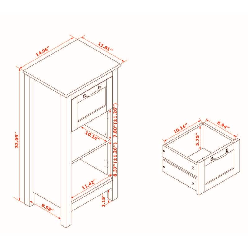 White with Black Hardware MDF Wood 1-Door and 1-Drawer Storage Cabinet - 32.1" H - 32.1" H x 15.1" W x 11.8" D
