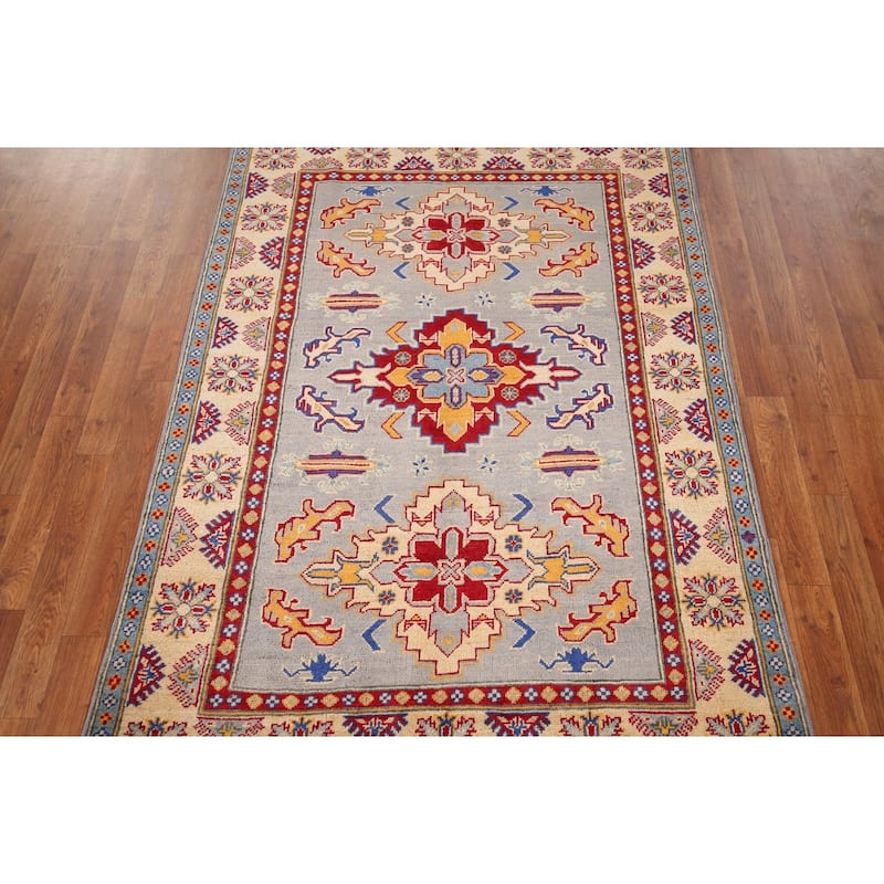 Geometric Kazak Area Rug Hand-Knotted Bedroom Wool Carpet - 4'1" x 6'0"