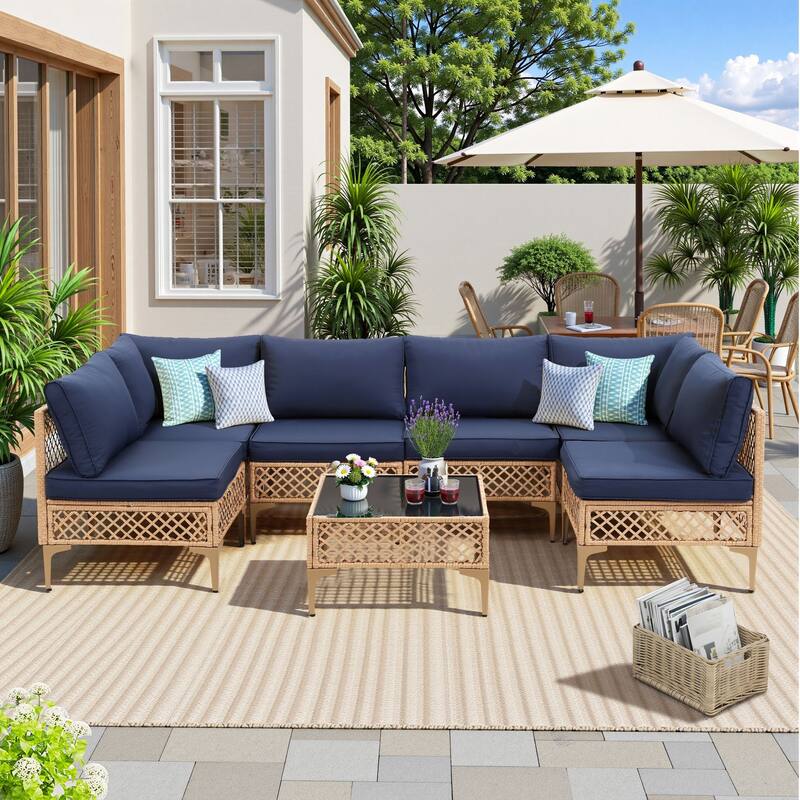 7 Pieces Outdoor Conversation Sets Patio Sectional Furniture Set--Clearance - Yellow/Blue
