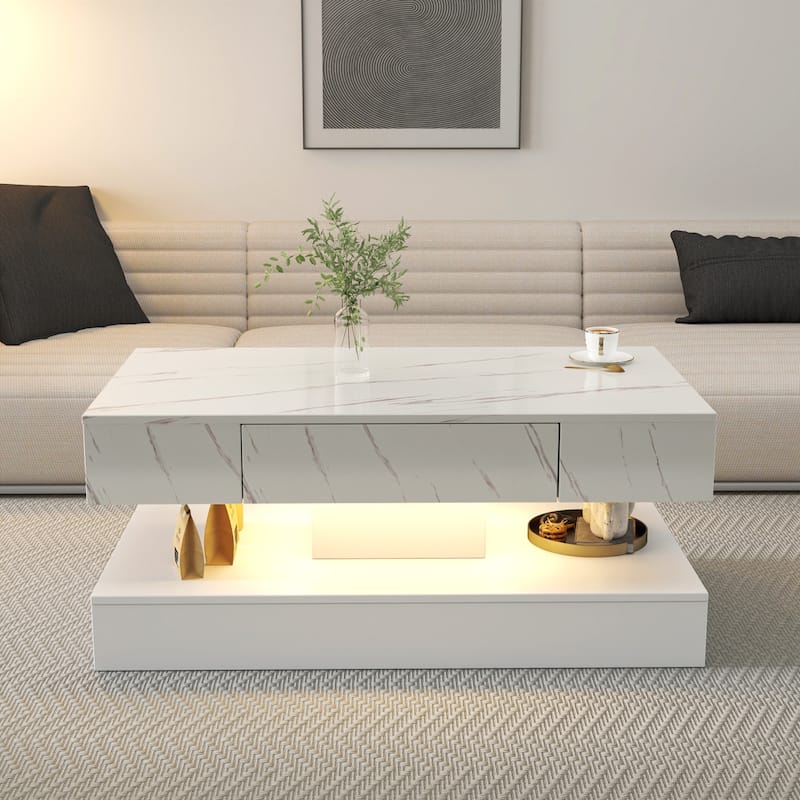 High-Glossy LED Coffee Table with 2 Drawers, Living Room Storage Tables with Marbling Print, Stylish Double-Layer Center Tables