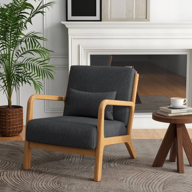 Mid-Century Modern Upholstered Accent Chair with Wood Frame - Natural Wood/Linen - Dark Grey/Linen/Natural Wood