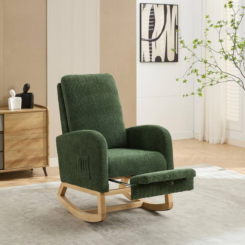 25.4" Wide Nursery Rocking Chair with Retractable Footrest & Side Pocket - Green